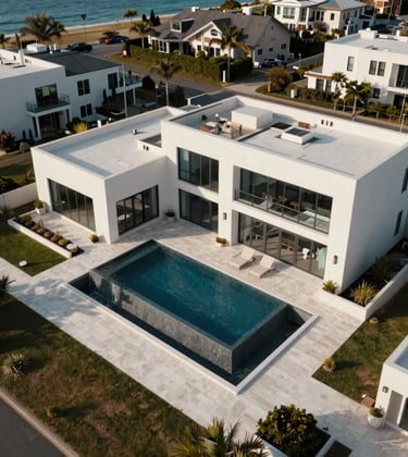 An aerial perspective of a sprawling modern coastal estate in the North American / US, featuring clean geometric architecture, deep Dark Blue pool water, and Off White stone patios.