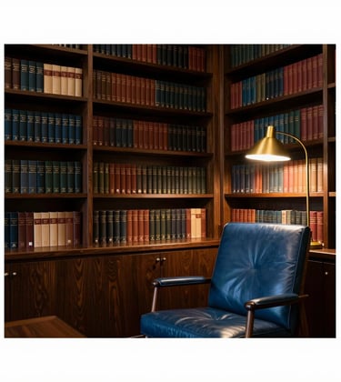 A crisp, high-contrast photograph of a private library in a North American executive suite, dark wood bookshelves, a Mid Blue leather chair, and a single Gold lamp providing warm light.