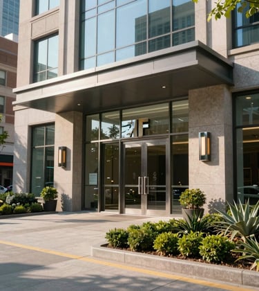 A sharp, clear photograph of a modern commercial property entrance with a polished metal logo and manicured landscaping. The lighting is bright morning sun, reflecting off clean glass and stone in a North American urban center.