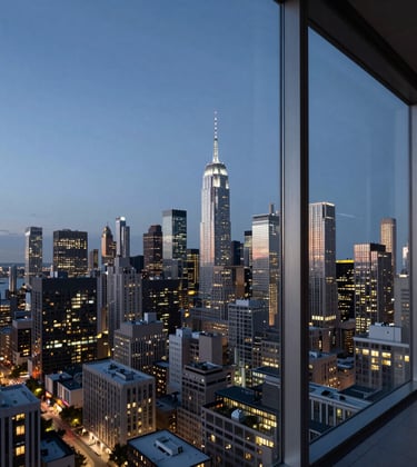 A professional photograph of a luxury penthouse view overlooking a sprawling North American skyline at dusk. The city lights begin to twinkle in cool light blue and grey tones, reflecting a premium, high-stakes investment environment.