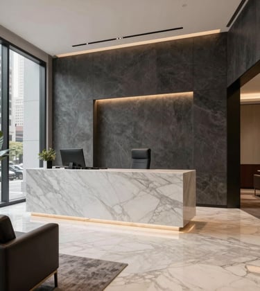 An interior shot of a sophisticated, high-end commercial office in a North American city. The space features dark grey and off-white tones, marble surfaces, and soft, warm lighting. The style is modern and professional, suggesting intellectual rigor and exclusivity.