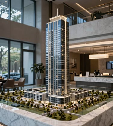 A sophisticated interior of a luxury real estate development showroom in the North American / US, featuring a marble scale model of a tower, muted Grey Blue and Off White palette, soft evening light.