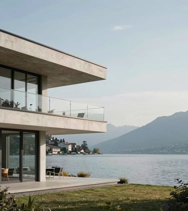 Luxury exterior view of a modern lakeside property in Geneva. Clean architectural lines, negative space, professional photography, soft daylight. Minimalist design reflecting quiet luxury. European Swiss setting.
