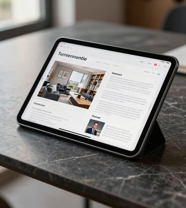 Close-up of a sleek digital tablet displaying property analytics and high-end marketing strategies, resting on a minimalist dark marble table. Soft natural light, European / Swiss office setting, quiet luxury style.