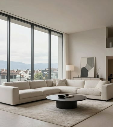 Interior photography of a luxury minimalist penthouse in Geneva city center. Large floor-to-ceiling windows, high-end designer furniture, neutral off-white palette. Sophisticated architectural magazine style. European Swiss context.