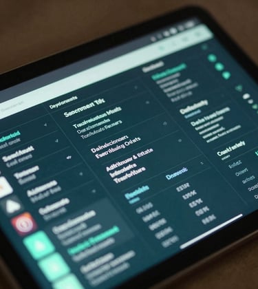 A close-up shot of a high-tech digital tablet showing a dashboard of tokenized real estate and infrastructure assets. The interface is clean and futuristic, with highlights in Deep Oceanic Teal and Soft Frosted Mint. Shallow depth of field.