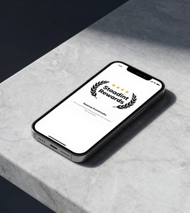 A minimalist photograph of a high-end smartphone lying on a marble surface, displaying a blockchain transaction confirmation for staking rewards. The scene is illuminated by Clean Pearl White light with subtle Deep Midnight Navy shadows.
