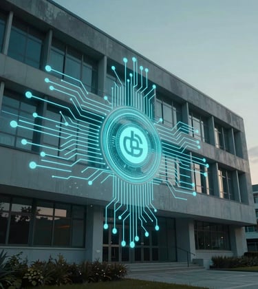 A conceptual photograph of a modern campus building integrated with digital circuit overlays, representing tokenized infrastructure. Professional lighting with deep teal shadows.