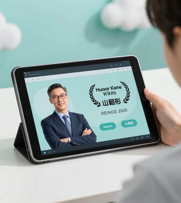 A close-up photograph of a student using a high-tech tablet, showing a digital avatar professor. The setting is a clean, modern workspace with soft muted cyan lighting and cloud white accents.