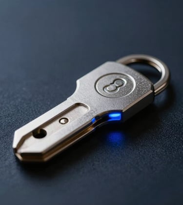A sophisticated macro shot of a secure blockchain hardware key resting on a dark navy surface with soft blue LED highlights.