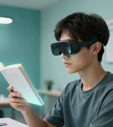 A professional portrait of a student wearing sleek, minimalist augmented reality glasses, looking at a glowing floating textbook. The background is a clean, modern study space with Deep Oceanic Teal accents and Soft Frosted Mint lighting.