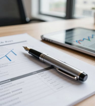 A close-up tabletop shot of financial reports, a sleek fountain pen, and a tablet showing growth charts. Professional setting, bright natural light coming from a window in a French corporate office.