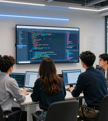 A dynamic shot of young professionals in a sleek, modern co-working space in Lyon. They are looking at a large screen displaying software code and financial metrics. The lighting is bright and innovative, with cool blue accents.