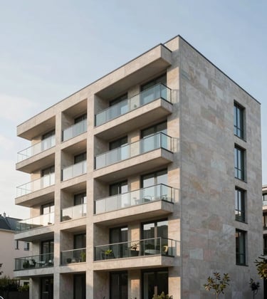 Clean, architectural photography of a contemporary luxury apartment building with large glass balconies and stone facade, located in a prestige European district. Soft daylight, professional composition.