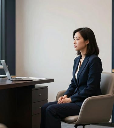 An elegant private consultation room. A professional is seated in a muted taupe chair, with a backdrop of a clean, soft pearl white office wall and dark navy decor accents, suggesting a high-level mentorship session.