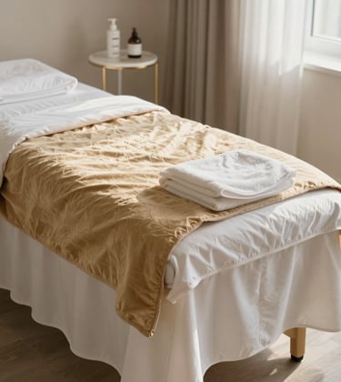 Photography of a sophisticated aesthetic treatment room. Soft natural lighting hits a pearl white therapy table with warm gold-beige linens. The composition is clean and premium.