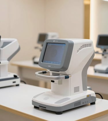 A close-up photograph of a professional training classroom with high-tech dermatological equipment. The setting is bright with soft pearl white surfaces and warm gold-beige detailing, conveying a premium educational environment.