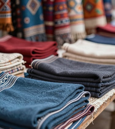 A close-up of local artisanal crafts and textiles in a vibrant market, shot with a shallow depth of field. The image incorporates tones of #3E6B7A and #1C2C39, reflecting cultural depth and authentic travel experiences.