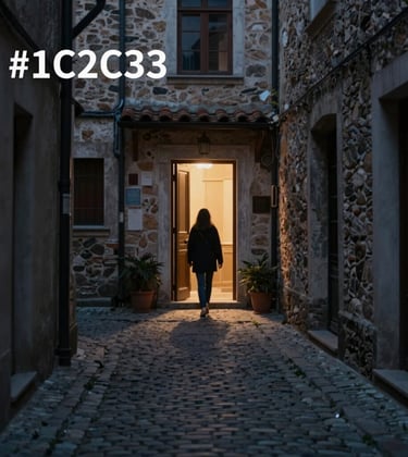 An intimate, authentic shot of a hidden cobblestone alley in a historic village. Warm light spills from a doorway, contrasting with the cool evening shadows of #1C2C39. The image evokes a sense of secret discovery and reliable planning.