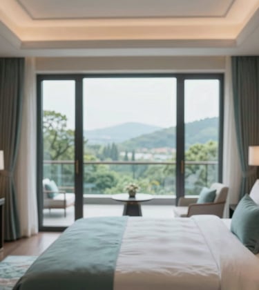 A luxury boutique hotel room with wide open windows overlooking a lush landscape, showing elegant textures and a sense of sophisticated tranquility. Includes accents of #A8C9CF.