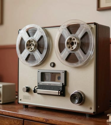 A medium shot of an antique open-reel tape recorder with magnetic tape slowly turning, set in a cozy, nostalgic Eastern European archive room. Soft off-white cream light catches the silver reels, with warm terracotta red accents in the decor.