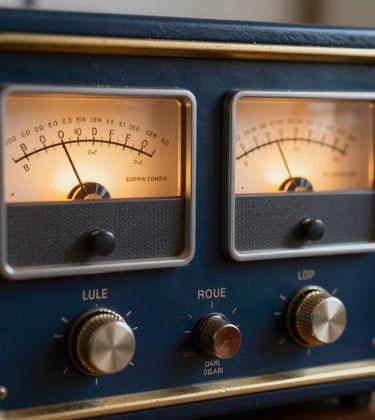 A detailed macro photograph of vintage analog radio dials and glowing warm yellow VU meters on a classic console. Deep navy blue casing with warm sand gold details, suggesting historical broadcast engineering, clean and scholarly presentation.
