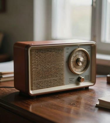 A close-up photograph of a mid-century bakelite radio receiver sitting on a polished dark wood desk in an Eastern European study. Soft morning light filters through a window, highlighting the elegant dial. The atmosphere is warm and nostalgic, using terracotta and warm light gray tones.