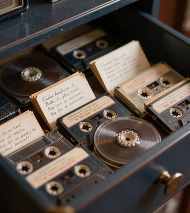A detailed macro photograph of an antique catalog drawer filled with archived radio tapes and index cards with handwritten Romanian text. Warm gold light catches the edges of the worn paper and aged plastic reels. Scholarly, sophisticated library atmosphere, with a palette of deep navy and cream.