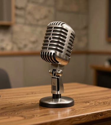 A close-up photograph of a vintage 1950s metal ribbon microphone resting on a polished oak desk in an old Romanian broadcast studio. Soft warm sand gold light highlights the metallic grill. The background is a softly blurred, warm stone gray acoustic wall paneling.