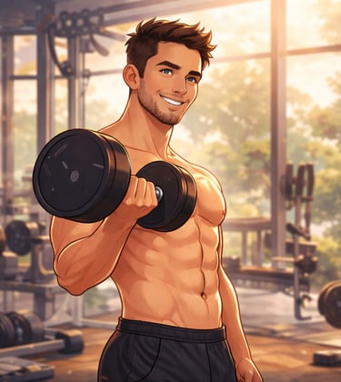 Animerad vit man utan tröja som trÀnar med en hantel