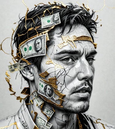 a man with a lot of money on his head