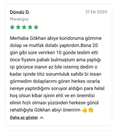 Döndü isimli müşterinin mutfak dolapları için olumlu yorumları görseli