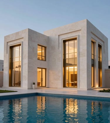 Photography of a modern architectural villa in a Middle Eastern / Gulf setting, with white stone walls, warm metallic gold window frames, and a sparkling swimming pool in the foreground under a clear evening sky.