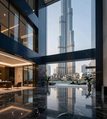 A high-end commercial office lobby in a Dubai skyscraper with polished black marble floors, dark navy blue accents, and professional Middle Eastern / Gulf corporate design.
