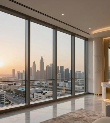 A luxury modern apartment interior in Downtown Dubai at sunset, with floor-to-ceiling windows showing a Middle Eastern / Gulf city view, decorated in soft off-white and gold sand tones.
