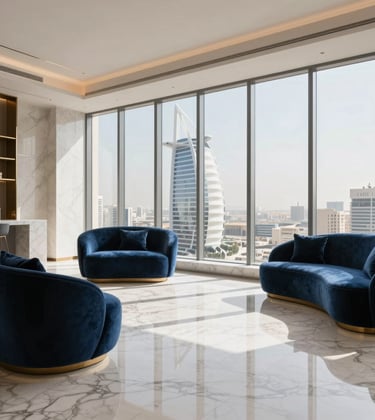 Professional photography of a luxury apartment interior in a Middle Eastern / Gulf tower, featuring soft off-white marble floors, elegant midnight blue velvet furniture, and expansive windows showing a bright city view.