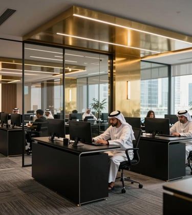 Photography of a high-end commercial office space in Dubai, with sleek black furniture, glass partitions, and warm metallic gold accents, featuring professionals in a modern Middle Eastern / Gulf workplace.