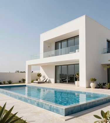 An architectural photography of a sleek white modern villa in Palm Jumeirah during bright daylight, featuring a clear blue pool and professional Middle Eastern / Gulf landscaping in soft off-white tones.