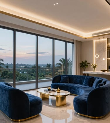 Interior of a high-end luxury apartment in Pune, featuring a minimalist South Asian contemporary design with gold finishes, deep blue velvet seating, and panoramic floor-to-ceiling windows showing a lush landscape at dusk.