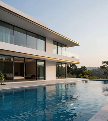 A minimalist architectural photograph of a modern luxury villa in Lonavala, featuring clean lines, large glass panes, and a sleek infinity pool. The lighting is soft morning sun, highlighting the deep blue of the water and gold accents on the exterior trim.