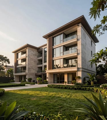 A sophisticated wide-angle view of a premium residence at Malabar Hill, Mumbai. The composition emphasizes elite seclusion, with lush greenery framing a modern facade, shot in cinematic golden hour light.