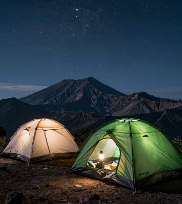 Premium camping setup on the high rim of Mount Rinjani crater under a starry sky. Large, durable green and off-white dome tents glow from warm inside lanterns, framing the volcanic silhouette in the background, spectacular night wilderness photography.