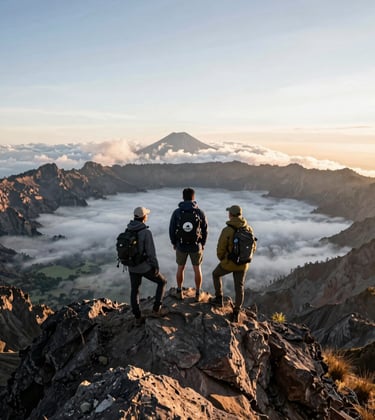 A celebratory view of Global Adventure Travelers standing triumphantly on the high rocky peak of Mount Rinjani at sunrise, looking out across the sea of clouds blanketing Lombok island, epic scale adventure photography.