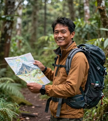 A professional local Indonesian trekking guide in outdoor gear smiling and showing a mountain map to Global Adventure Travelers, set against the backdrop of a lush green forest trail in Lombok, sharp focus, natural daylight.