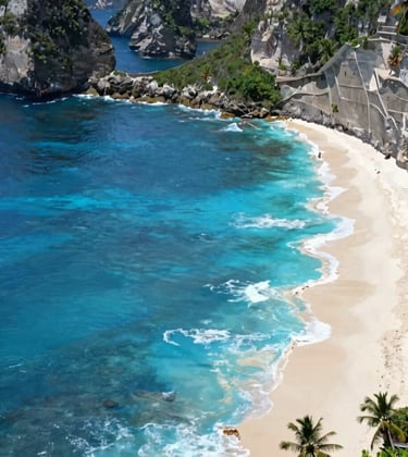The iconic Kelingking Beach in Nusa Penida viewed from above. Bright blue water, white sand, and lush green cliffs. Vibrant tropical colors, clean composition, using #1B2D3B for deep water and #FDF6ED for sand.