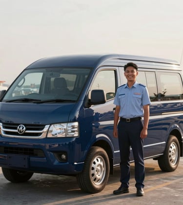 A professional image of a clean, modern transport van parked near a Bali harbor. A friendly driver in a neat uniform stands nearby. The composition is clean and focused on professional service. The lighting is warm afternoon sun, with the dark blue (#1B2D3B) of the vehicle and brand accents.