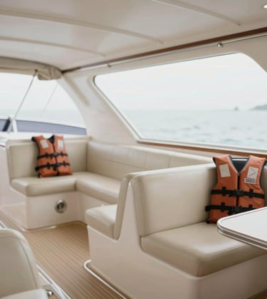 Interior of a modern fast boat, showing comfortable padded seating, safety equipment, and large windows. Bright, airy, and clean. Accents of #D36B31 in the life vests and #FDF6ED in the cabin panels.