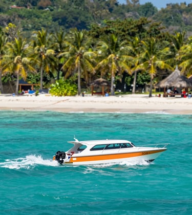 A scenic view of a fast boat approaching the Gili Trawangan coastline. The water is a vivid turquoise (#78909C), and the beach is lined with palm trees. The lighting is bright and tropical, conveying a sense of adventure and ease. Brand colors like orange (#D36B31) are subtly present in boat details.