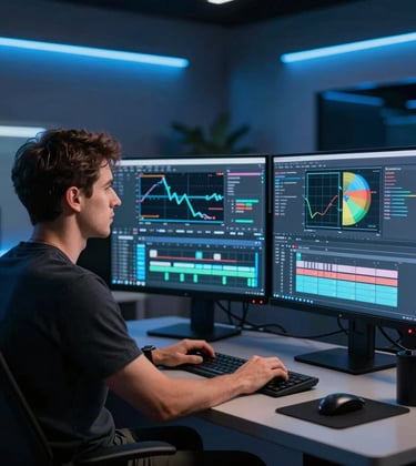 A North American / US professional in a technical media studio, with multiple glowing screens displaying telemetry graphs and a YouTube editing timeline. The room has a modern, dark aesthetic with Precision Azure Blue accent lighting.