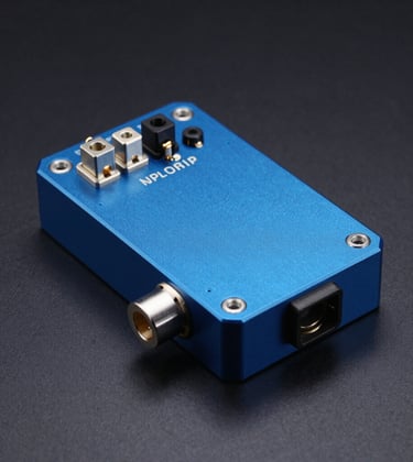 A professional studio photograph of a technical telemetry hardware module, finished in Precision Azure Blue anodized aluminum with high-quality electrical connectors, isolated against a Deep Midnight Black background. Sharp, clean lighting emphasizes the engineering precision.
